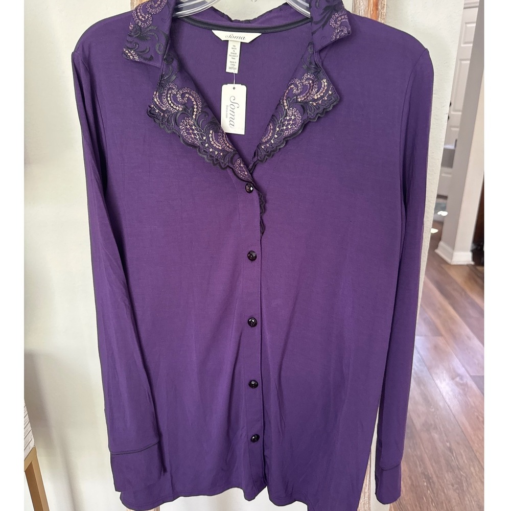 Soma pajama button down top purple black detail on the collar M NWT